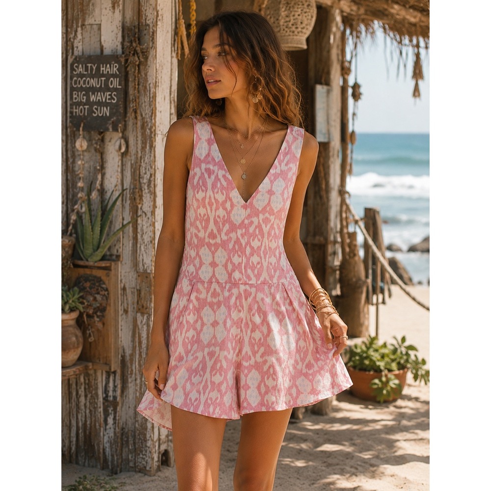 Gap Pink White Ikat Print 100% Linen V-Neck Sleeveless Romper Size 6